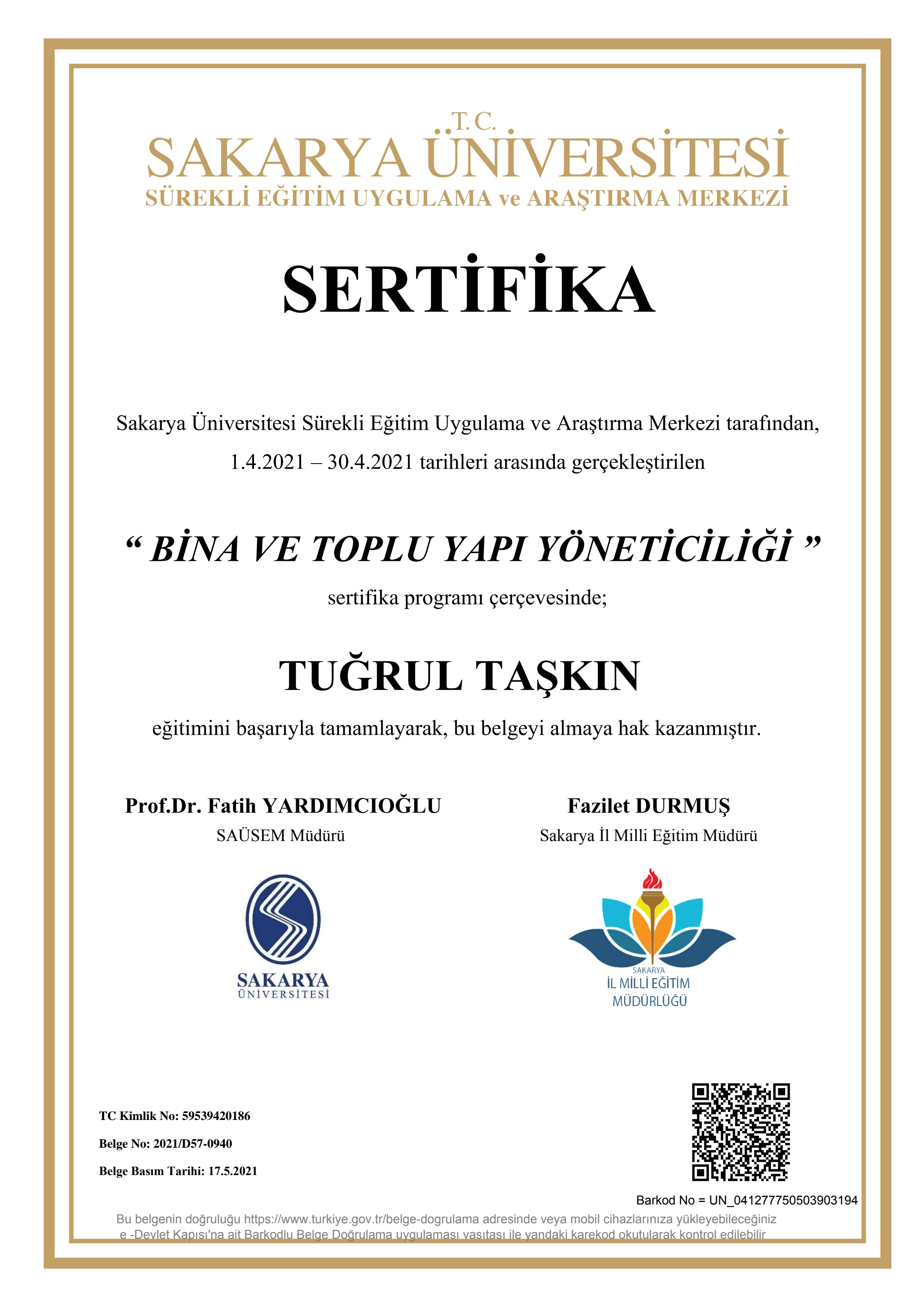 Bina ve Toplu Yapı Yöneticiliği Sertifikası